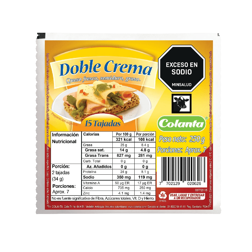 Queso Doble Crema Tajado Colanta x 250 g