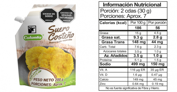 suero costeño doy pack 200 informacion nutricional